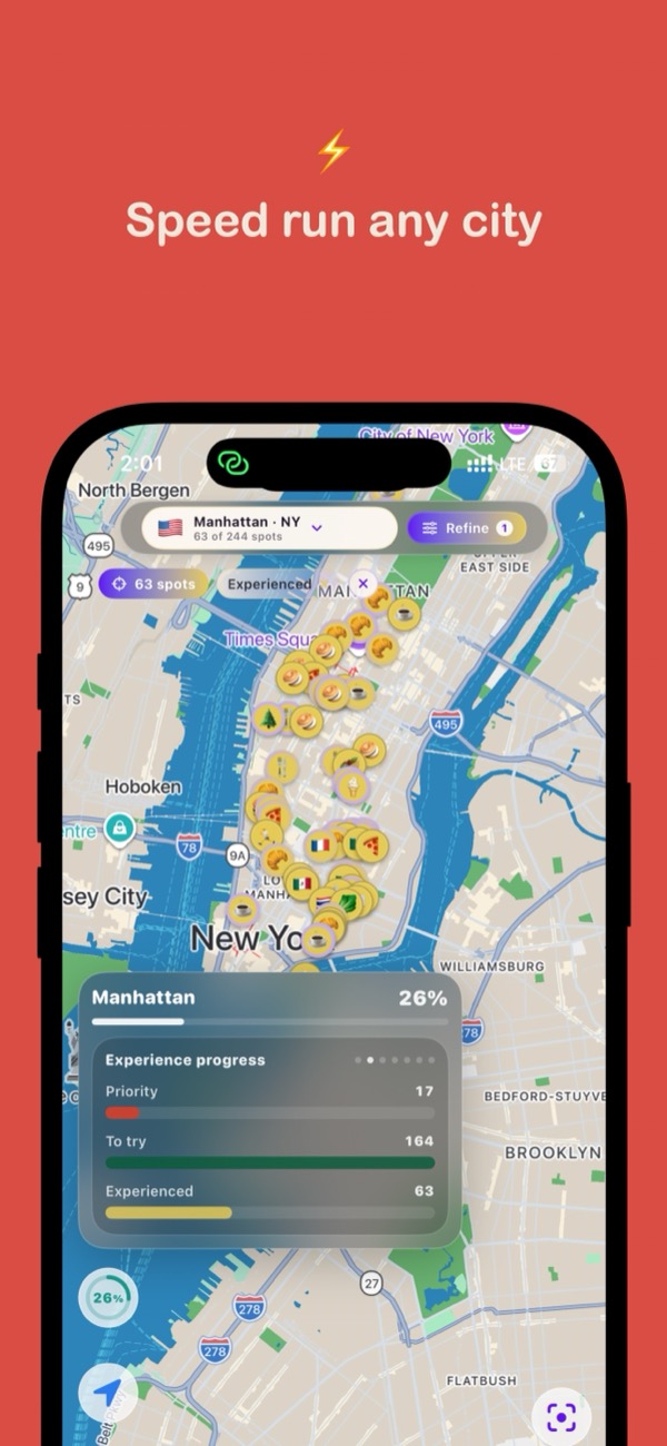 Speed run any city. Manhattan map with 244 spots and experience progress.