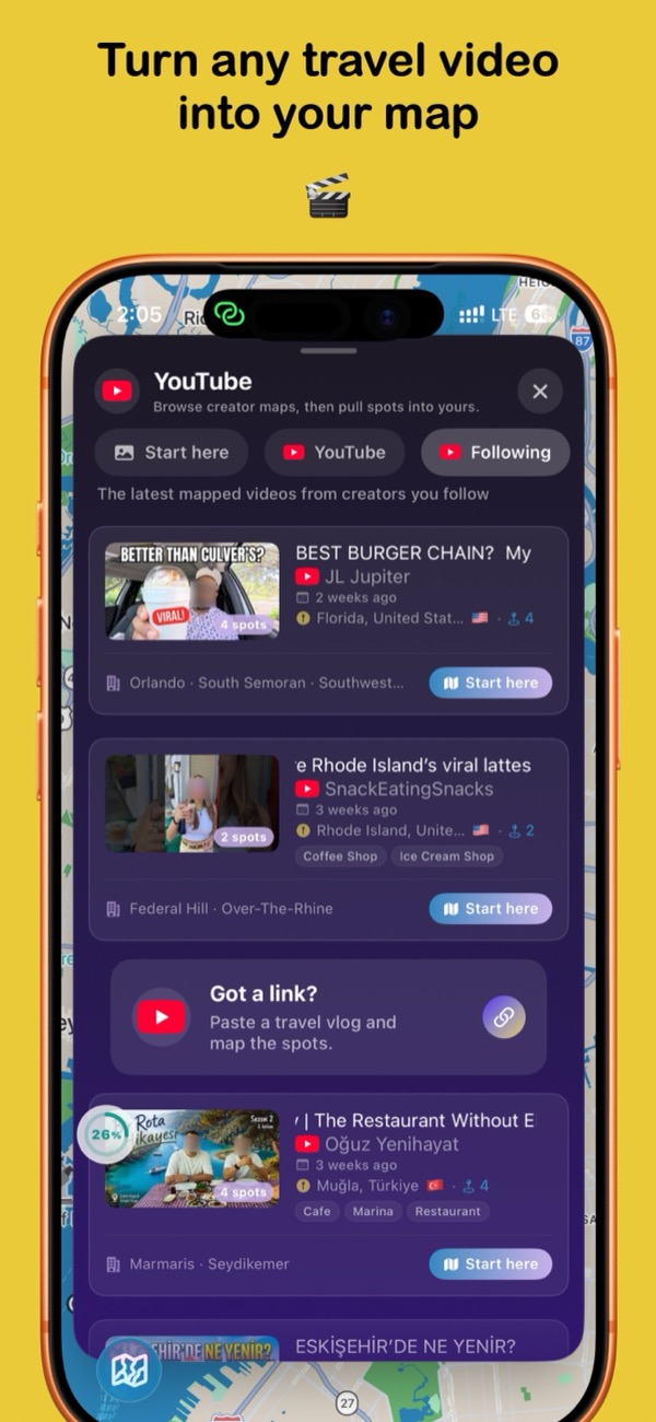 Turn any travel video into your map. YouTube creator maps in Varedelo.